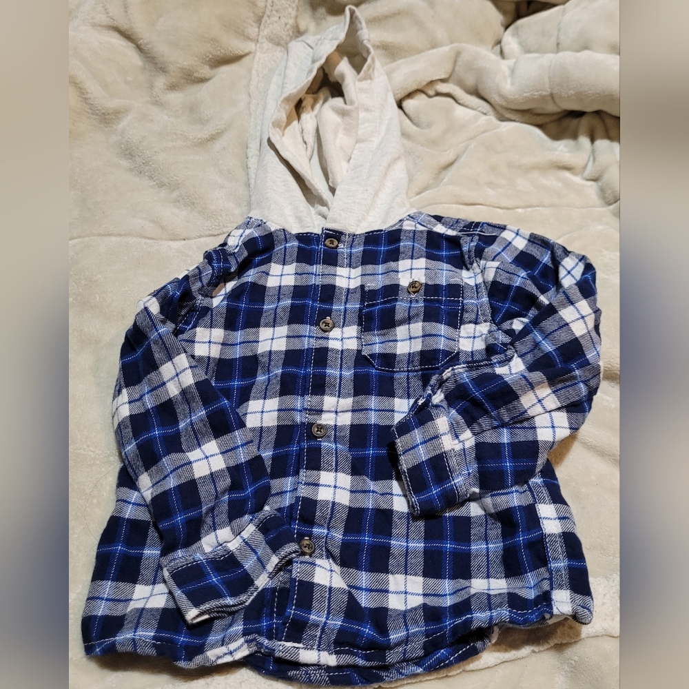 🎉5/$20 Carter's Baby Boy 24 Months Blue Plaid Hooded Long Sleeve Shirt